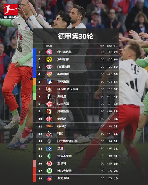德甲排名24-25赛季积分榜，德甲最新积分榜排名